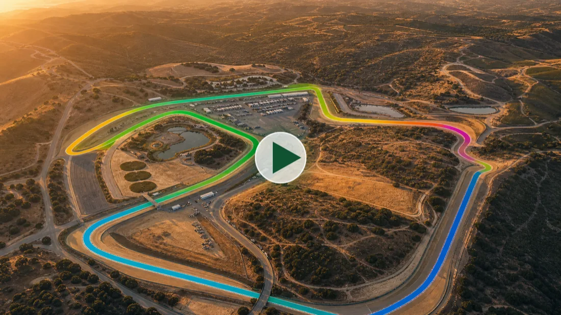 Aerial view of the Laguna Seca course with the relay loop traced in color, ready to play as a 3D flyover.