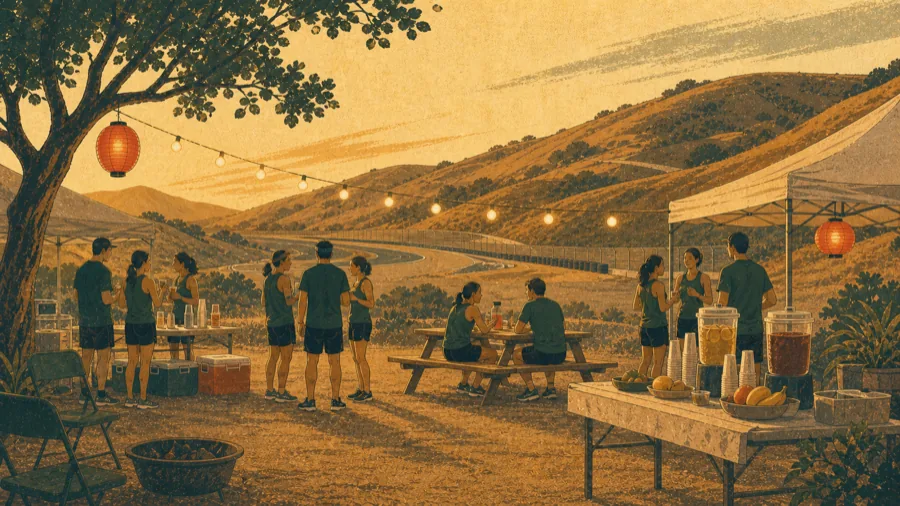 Runners and families gathering at a post-race celebration with string lights and food stalls as the sun sets over the hills.