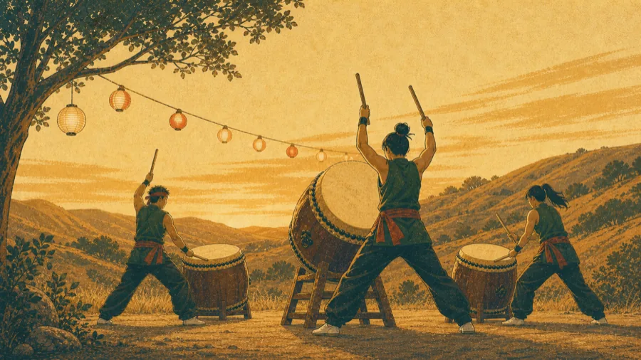 Taiko drummers performing at golden hour in the hills above Laguna Seca, paper lanterns strung above them.